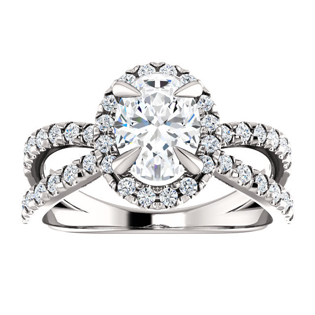 10K  White Gold 1.25 Carat Oval Forever One Moissanite Diamond Halo French-Set Engagement Ring