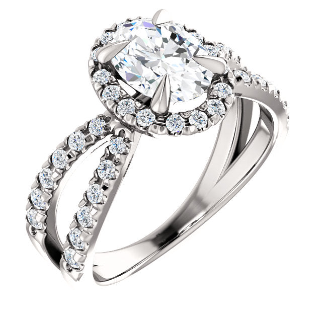 10K  White Gold 1.25 Carat Oval Forever One Moissanite Diamond Halo French-Set Engagement Ring