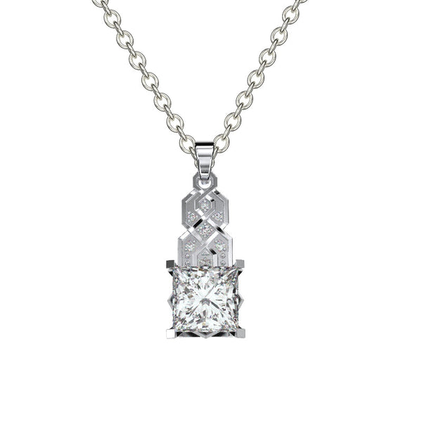 1.0 Carat Princess Cut Forever One Moissanite Diamond  Pendant Necklace I 10K White Gold- 14 Accent Stones