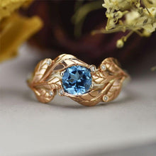 Load image into Gallery viewer, 1.0 Carat Blue Aquamarine and Diamond Accents 14K Rose White Gold Engagement Leaf Ring, Leaves Wedding
