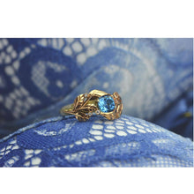 Load image into Gallery viewer, 1.0 Carat Blue Aquamarine and Diamond Accents 14K Rose White Gold Engagement Leaf Ring, Leaves Wedding
