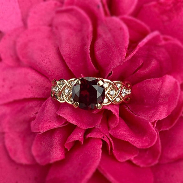 2 Carat Red Ruby Ring Round Cut Rose Gold Ring July Birthstone Ring Engagement Ring for Her Diamond Accented Side Stones Ring Unique Custom