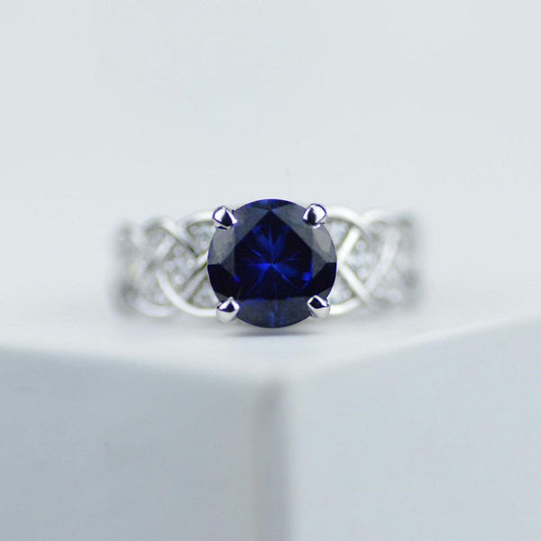 2 Carat Blue Sapphire Engagement Ring with Diamond Accent Stones 14K White Gold