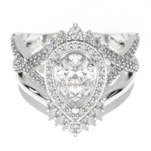 Load image into Gallery viewer, Pear shape Moissanite engagement ring set, White gold, halo vintage moissanite band, Chevron ring, twisted band Vintage anniversary ring set
