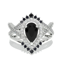 Load image into Gallery viewer, 14K Solid Gold Ring 1.5CT Pear Black Moissanite or Alexandrite Halo Engagement Ring. Vintage Anniversary Eternity Gold Ring Set.
