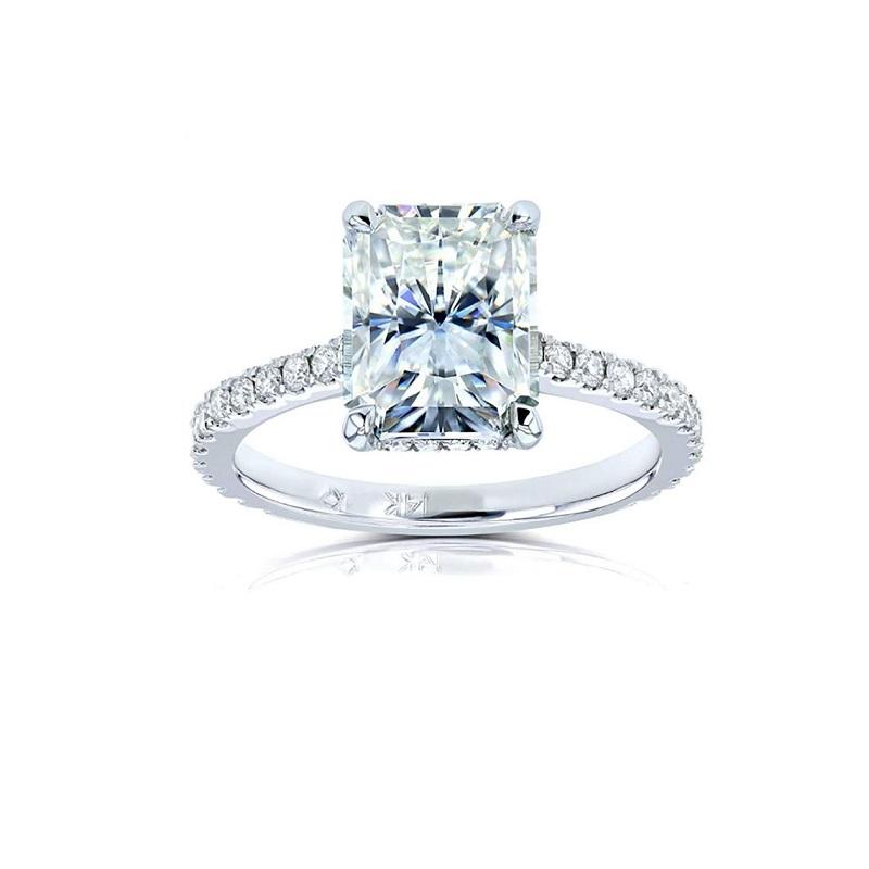 5Ct Radiant Cut Moissanite Engagement Ring, Solitaire Radiant Ice Crushed Cut Moissanite Engagement Ring, Pave Accents Stones Hidden Halo