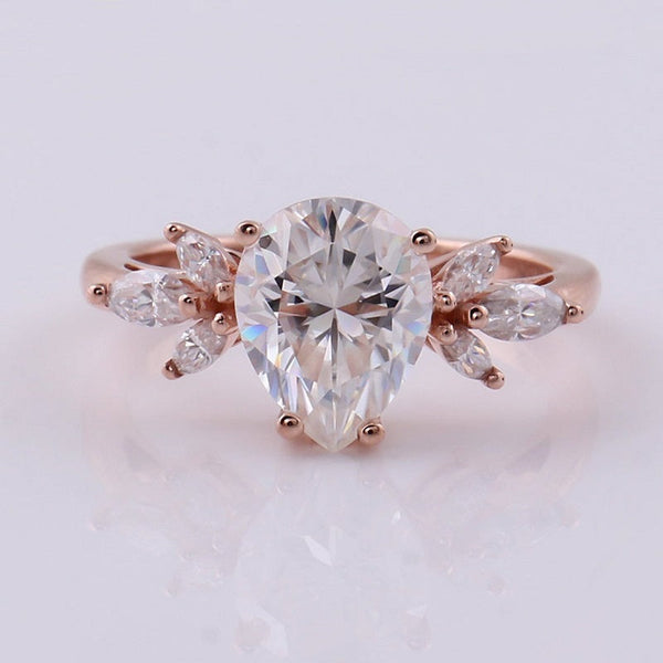 Pear Shape Moissanite Rose Gold Engagement Gold Ring, 10x8mm Pear Cut Moissanite Engagement Ring, Vantage Style Marque Accents Stones Ring