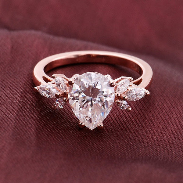 Pear shaped Moissanite engagement ring vintage Unique Marquise cut Cluster engagement ring rose gold wedding Bridal gift for women