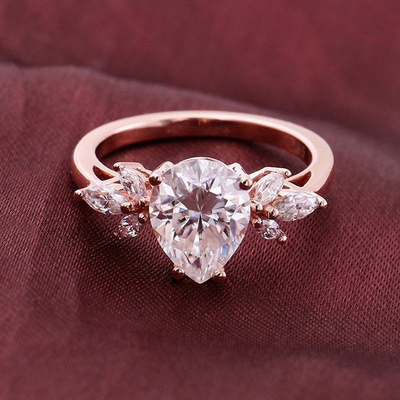 Pear Shape Moissanite Rose Gold Engagement Gold Ring, 10x8mm Pear Cut Moissanite Engagement Ring, Vantage Style Marque Accents Stones Ring