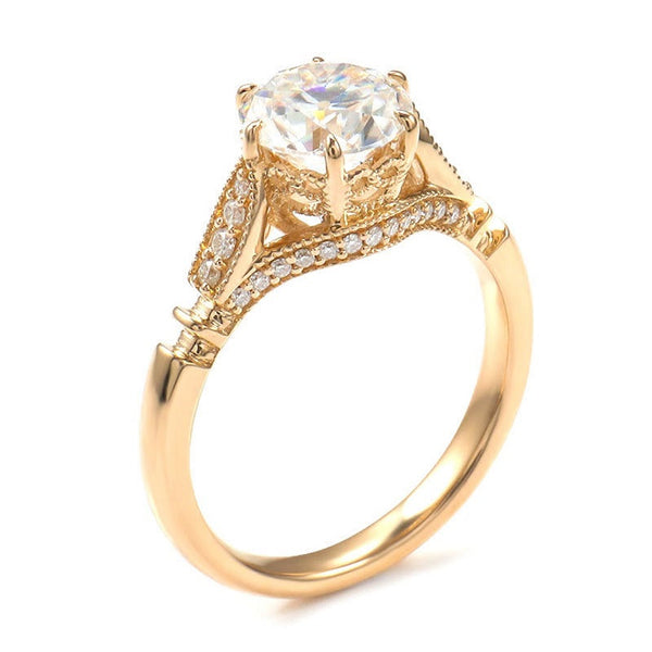 14K Solid Yellow Gold 2CT Round Moissanite Solitaire Six Prongs Ring, Vintage Milgrain Engagement Ring Anniversary Promise Gold Ring