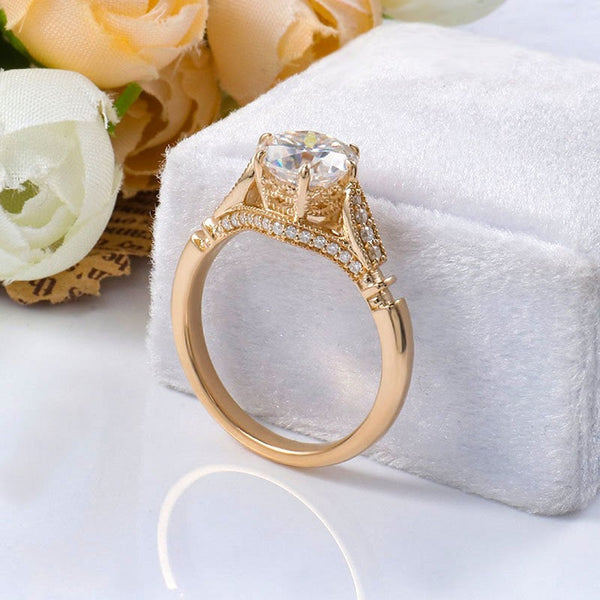 14K Solid Yellow Gold 1.5CT Round Moissanite Solitaire Six Prongs Ring, Vintage Milgrain Engagement Ring Anniversary Promise Gold Ring