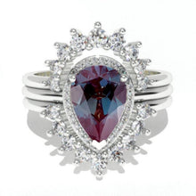 Load image into Gallery viewer, Alexandrite engagement ring gold, art deco Vintage 14K gold ring set , Moissanite/alexandrite band, Pear shaped, Bridal Set Anniversary ring
