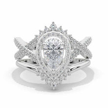 Load image into Gallery viewer, Pear shape Moissanite engagement ring set, White gold, halo vintage moissanite band, Chevron ring, twisted band Vintage anniversary ring set
