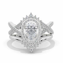 Load image into Gallery viewer, Pear shape Moissanite engagement ring set, White gold, halo vintage moissanite band, Chevron ring, twisted band Vintage anniversary ring set
