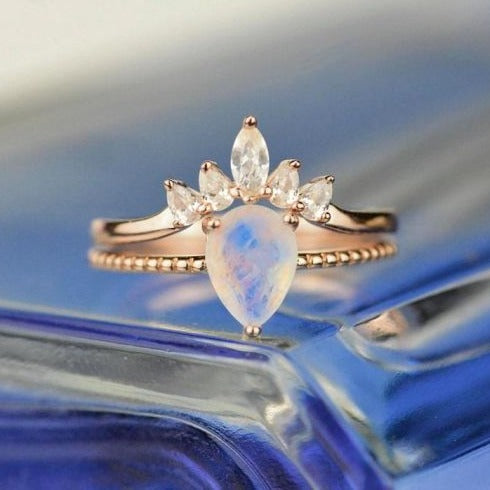 Pear shaped Moonstone engagement ring set vintage Bridal set white gold Solid 14K Marquise Moissanite Anniversary Gift for her