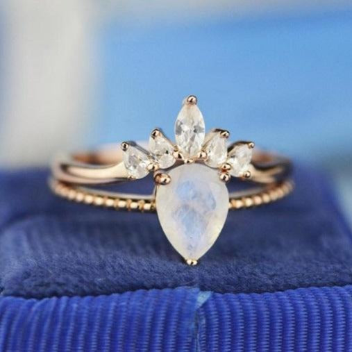 14K Solid Rose Gold Dainty Natural Moonstone Ring Set, 2ct Pear Cut Moonstone Ring Set, Rose Gold Ring Unique Curved Marquise Cut Ring