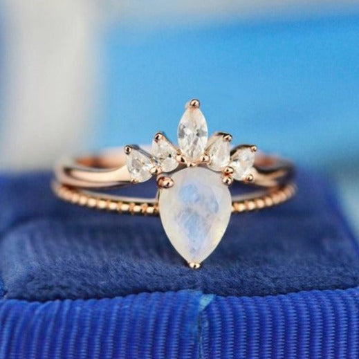 Pear shaped Moonstone engagement ring set vintage Bridal set white gold Solid 14K Marquise Moissanite Anniversary Gift for her