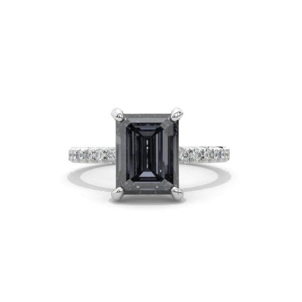 4 Carat Dark Grey -Blue, Gray Moissanite 14K White Gold Engagement. 4ct Emerald Cut Moissanite Hidden Halo Designer Ring