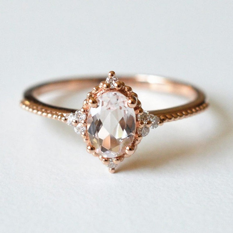 14K Solid Rose Gold Ring 2CT Oval Halo Morganite Wedding Ring Stone Engagement Ring Anniversary Ring Yellow White Gold Ring Pave Set Colar