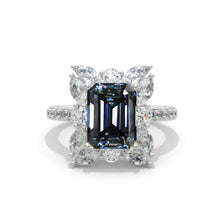 Load image into Gallery viewer, 2Ct Radiant Cut Dark Gray Blue Moissanite Halo Engagement Ring, Radiant Cut Moissanite Engagement Ring, Side Accents Stones 14K Yellow Gold
