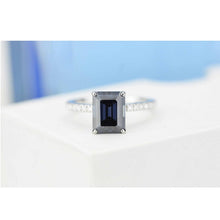 Load image into Gallery viewer, 4 Carat Dark Grey -Blue, Gray Moissanite 14K White Gold Engagement. 4ct Emerald Cut Moissanite Hidden Halo Designer Ring
