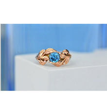 Load image into Gallery viewer, 1.0 Carat Blue Aquamarine and Diamond Accents 14K Rose White Gold Engagement Leaf Ring, Leaves Wedding
