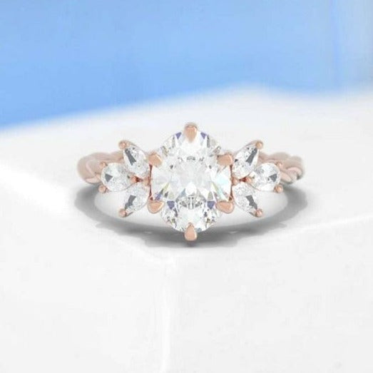 2 Carat Oval Moissanite Vintage Engagement Rose Gold Ring, Vintage Marquise Cut Rose Gold Ring, 2ct Oval Rope Shank Ring