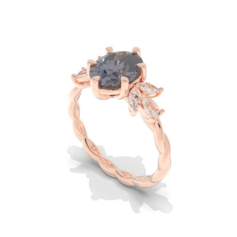 2 Carat Dark Gray Grey Blue Oval Moissanite Engagement Ring, Vintage Marquise Cut Rose Gold Ring, 2ct Oval Rope Shank Ring 14k rose gold