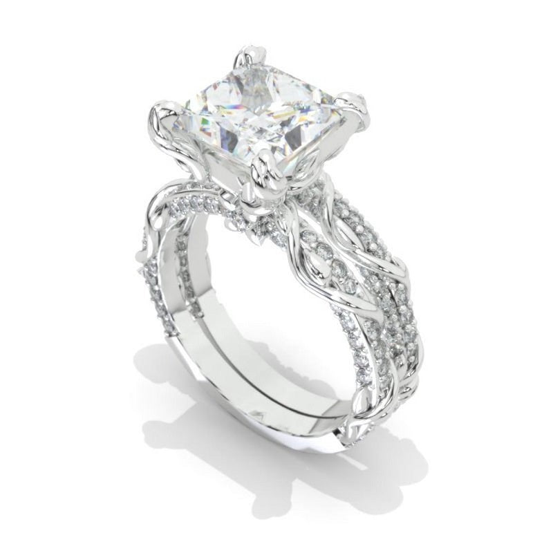 2Ct Moissanite Engagement Ring Set, Solitaire Princess Cut Moissanite Engagement Ring, Floral Eternity Ring Set