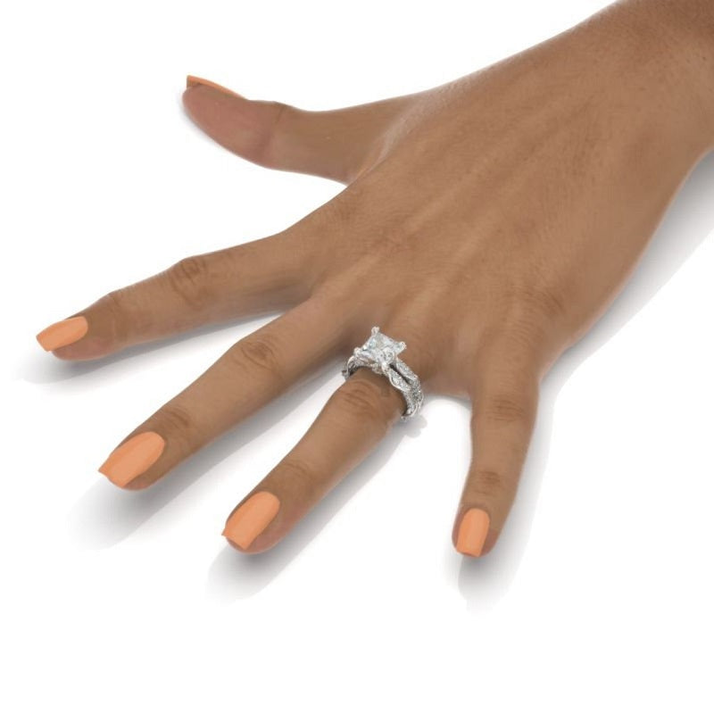 2Ct Moissanite Engagement Ring Set, Solitaire Princess Cut Moissanite Engagement Ring, Floral Eternity Ring Set