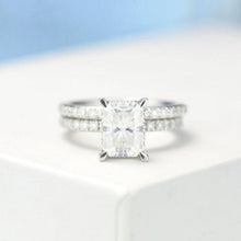 Load image into Gallery viewer, 2Ct Moissanite Engagement Ring, Radiant Cut Moissanite Engagement Ring, Moissanite Pave Accents Stones Hidden Halo with Eternity Ring Set
