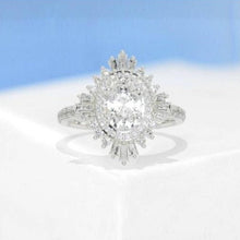 Load image into Gallery viewer, 14K Solid Gold Ring 2CT Oval Halo Moissanite Vintage Wedding Ring. Engagement Ring Anniversary Ring, Baguette Double Halo Ring
