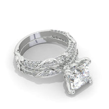 Load image into Gallery viewer, 4Ct Moissanite Engagement Ring Set, Solitaire Princess Cut Moissanite Engagement Ring, Floral Eternity Ring Set
