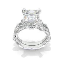 Load image into Gallery viewer, 2Ct Moissanite Engagement Ring Set, Solitaire Princess Cut Moissanite Engagement Ring, Floral Eternity Ring Set
