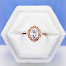 Load image into Gallery viewer, 14K Solid Rose Gold Dainty Oval Moissanite Ring, 1.5ct Oval Cut Moissanite Ring, Rose Gold Ring Unique Oval Halo Vintage Ring
