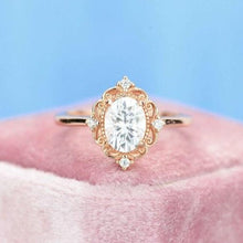 Load image into Gallery viewer, 14K Solid Rose Gold Dainty Oval Moissanite Ring, 1.5ct Oval Cut Moissanite Ring, Rose Gold Ring Unique Oval Halo Vintage Ring
