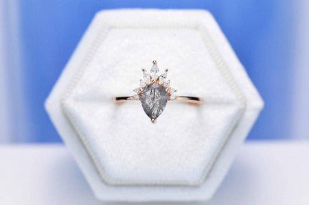 14K Rose Dainty Natural Rutilated Quarts Ring Set, Pear Cut Quartz Ring , Rose Gold Ring Unique Curved Moissanite Marquise Cut Ring