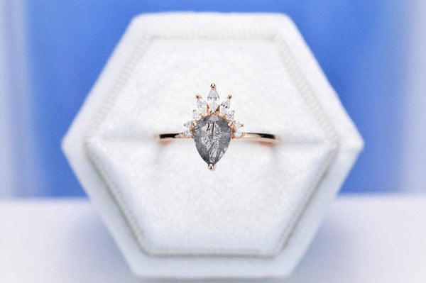 Rose Gold Dainty Natural Rutilated Quarts Ring, Pear Cut Quartz Ring
