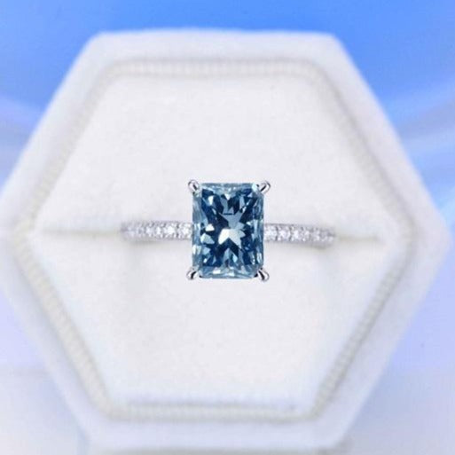 3Ct Blue Moissanite Engagement Ring, Solitaire Radiant Cut Moissanite Engagement Ring, Moissanite Pave Accents Stones Hidden Halo Ring