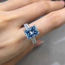 Load image into Gallery viewer, 3Ct Blue Moissanite Engagement Ring, Solitaire Radiant Cut Moissanite Engagement Ring, Moissanite Pave Accents Stones Hidden Halo Ring

