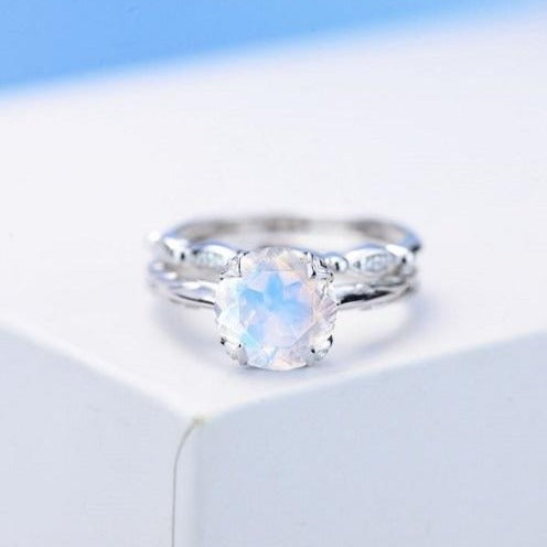 2 Carat Genuine Moonstone 14K White Gold Engagement. Eternity Ring. Set of Two Rings. Opal Leaf Floral Ring Design, Two Ring Set