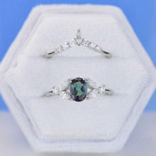Load image into Gallery viewer, 14K Solid White Gold Dainty Alexandrite Ring, Oval Cut Alexandrite Ring Set, White Gold Ring Unique Vintage Ring

