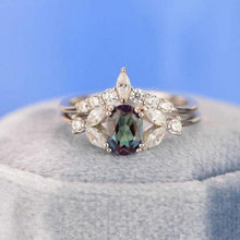 Load image into Gallery viewer, 14K Solid White Gold Dainty Alexandrite Ring, Oval Cut Alexandrite Ring Set, White Gold Ring Unique Vintage Ring
