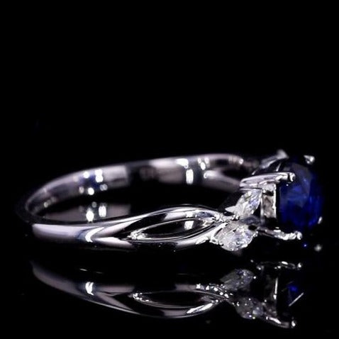 2Ct Round Cut Sapphire Vintage Engagement Ring, Royal blue Sapphire Engagement Ring, Marquise Side Accents Stones 14K White Gold Ring