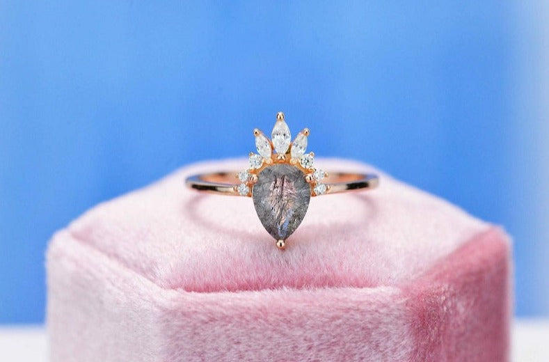Rose Gold Dainty Natural Rutilated Quarts Ring, Pear Cut Quartz Ring