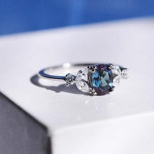 Load image into Gallery viewer, 14K Solid White Gold Dainty Alexandrite Ring, Oval Cut Alexandrite Ring Set, White Gold Ring Unique Vintage Ring
