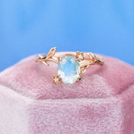 Rose Gold Dainty Natural Moonstone Leaf Ring, 2ct Oval Moonstone Twig Ring, Rose Gold Ring Unique Curved Vintage Floral Ring