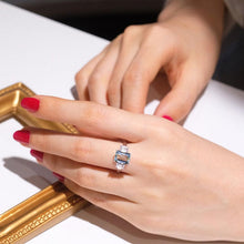 Load image into Gallery viewer, 2Ct Emerald cut Aquamarine ring, Aquamarine three stone ring, natural aquamarine and moissanite ring, genuine aquamarine emerald cut ring
