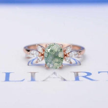 Load image into Gallery viewer, Vintage Oval Moss Agate Ring Cluster Green Moss Agate Moissanite Wedding Engagement Ring solid gold Art Deco Unique anniversary ring
