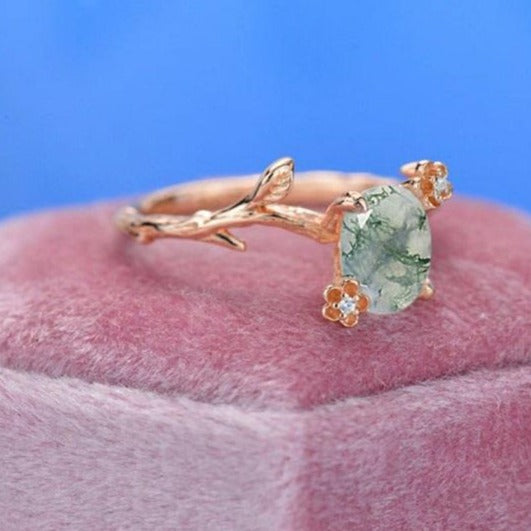 14K Rose Gold Dainty Natural Moss Agate Leaf Ring, 2ct Oval Agate Twig Ring, Rose Gold Ring Unique Curved Vintage Floral Ring